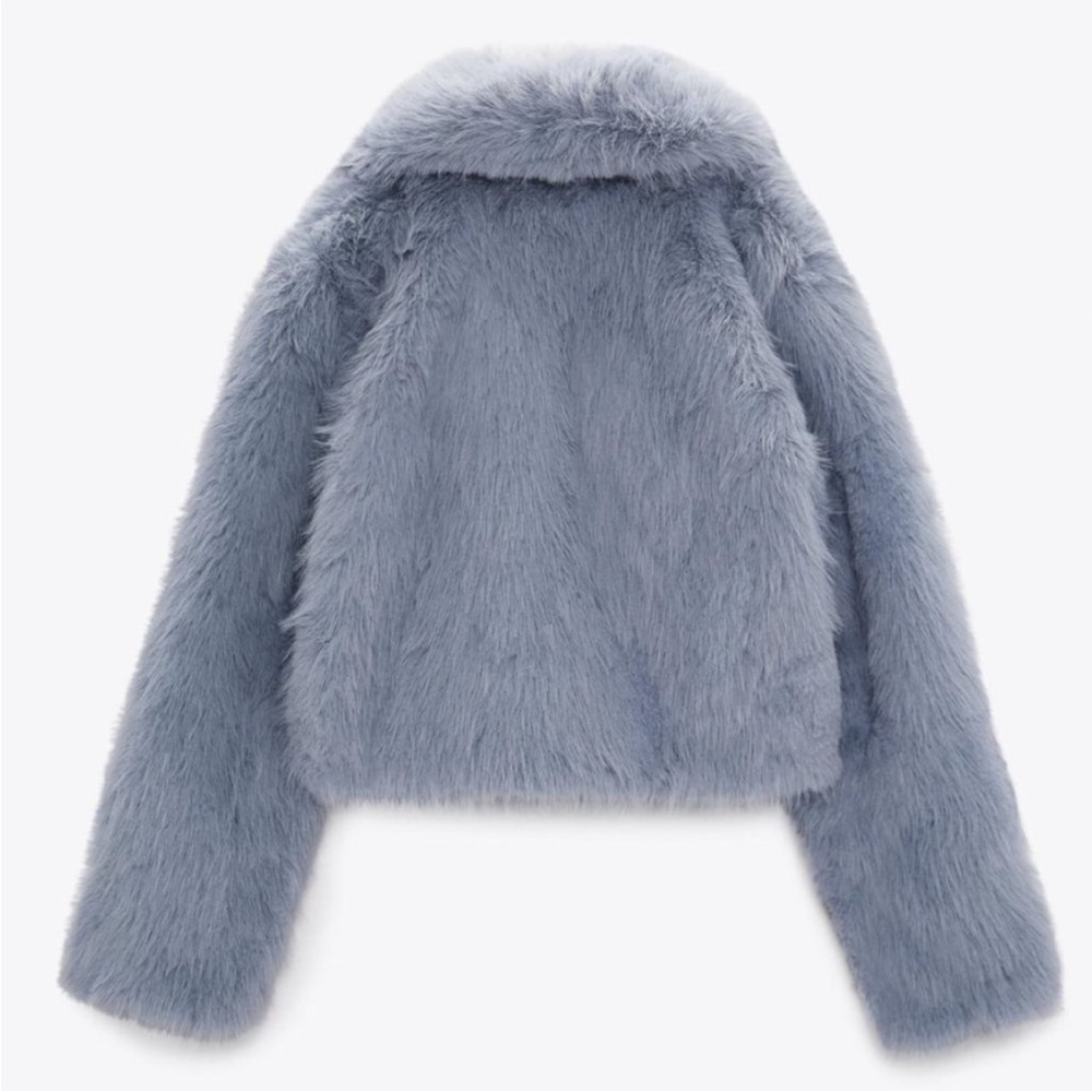 Zara Faux Fur Collared Crop Jacket in Light Blue XS-S - Picture 11 of 12